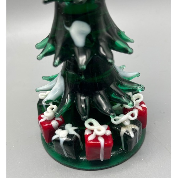 Vtg hand‎ blown art glass Christmas tree figurine green w/red and black presents